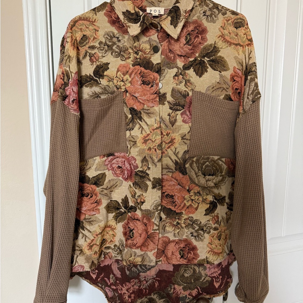 POL Women's Floral Utility Jacket - Brown and Pink